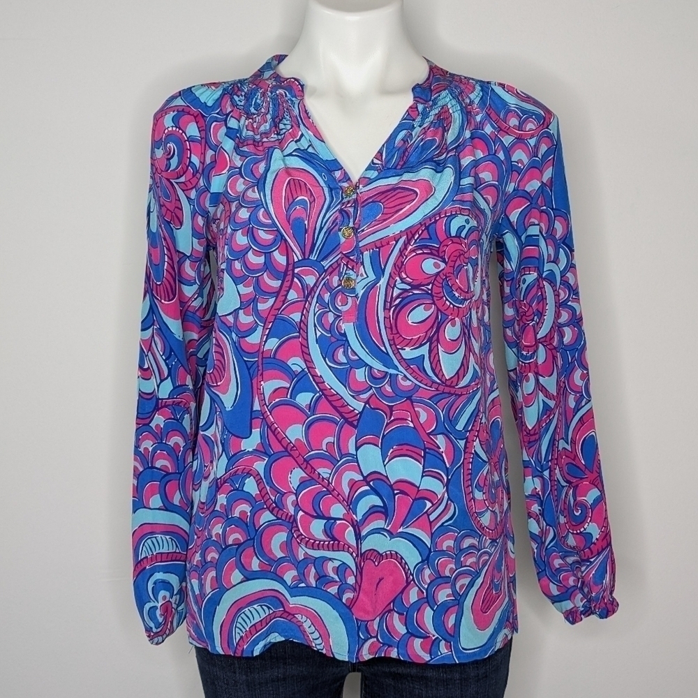 Lilly Pulitzer Elsa pink blue paisley fish 100% silk blouse XS